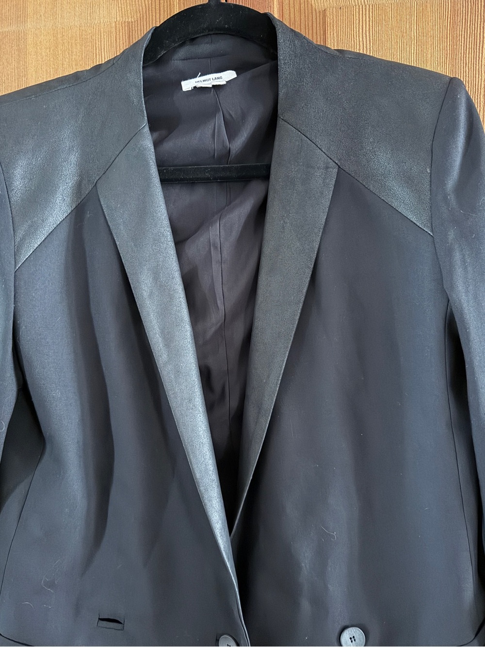Helmut Lang Black Wool Blazer Leather Trim Size 10 Designer Edgy Soho Downtown - Picture 7 of 14